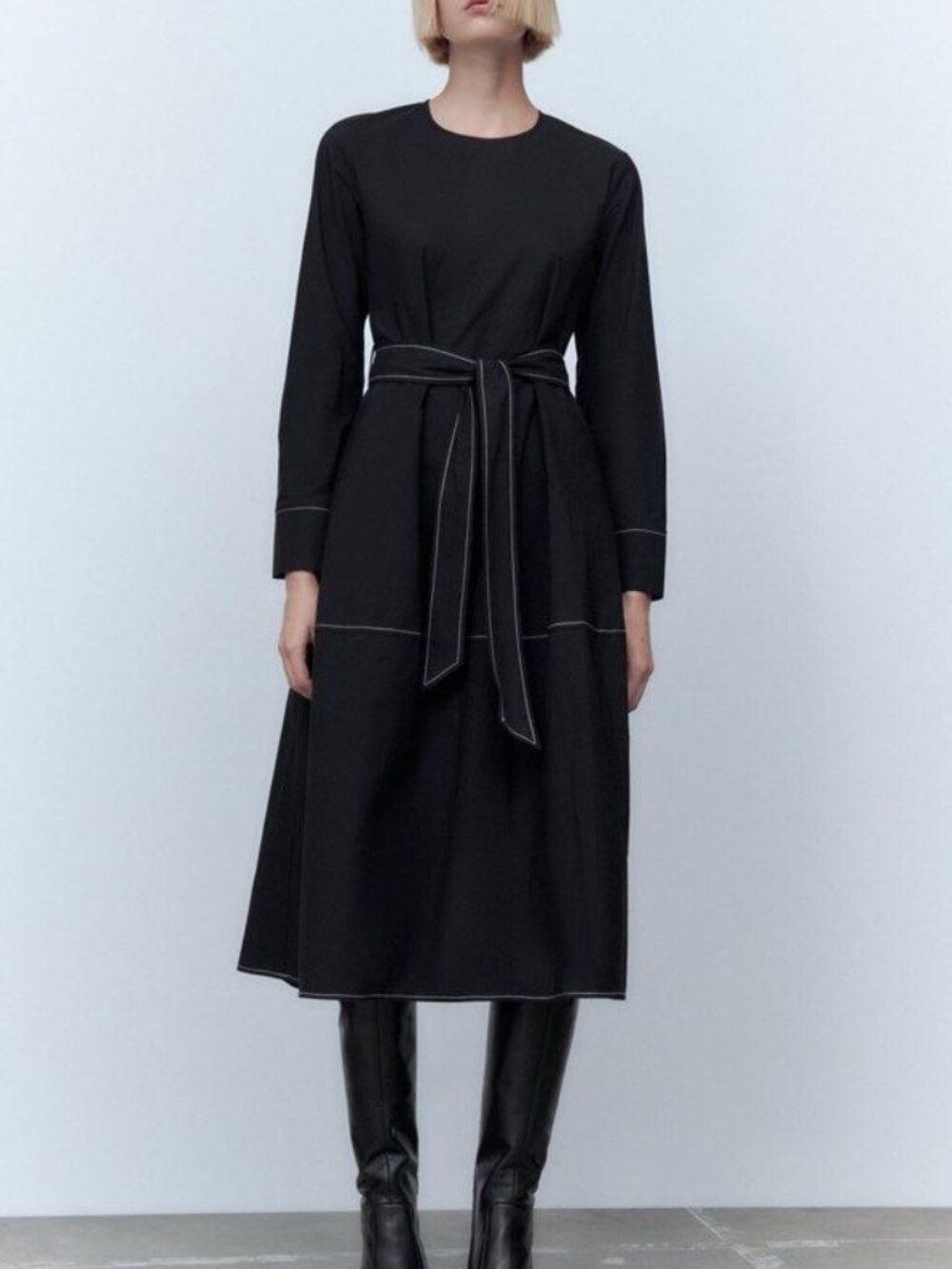 ZARA Black Ula Contrast Topstitching Long-Sleeve Midi Dress Large 50429